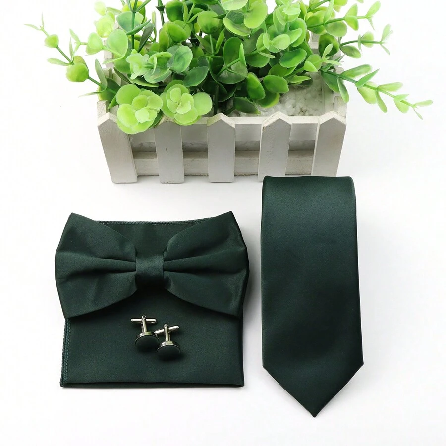 4入組男士商務時尚經典深綠色聚酯纖維領帶和三折領結及口袋手帕和袖扣套裝，適用於婚禮和日常休閒穿著 - 墨綠色 - 查看 1