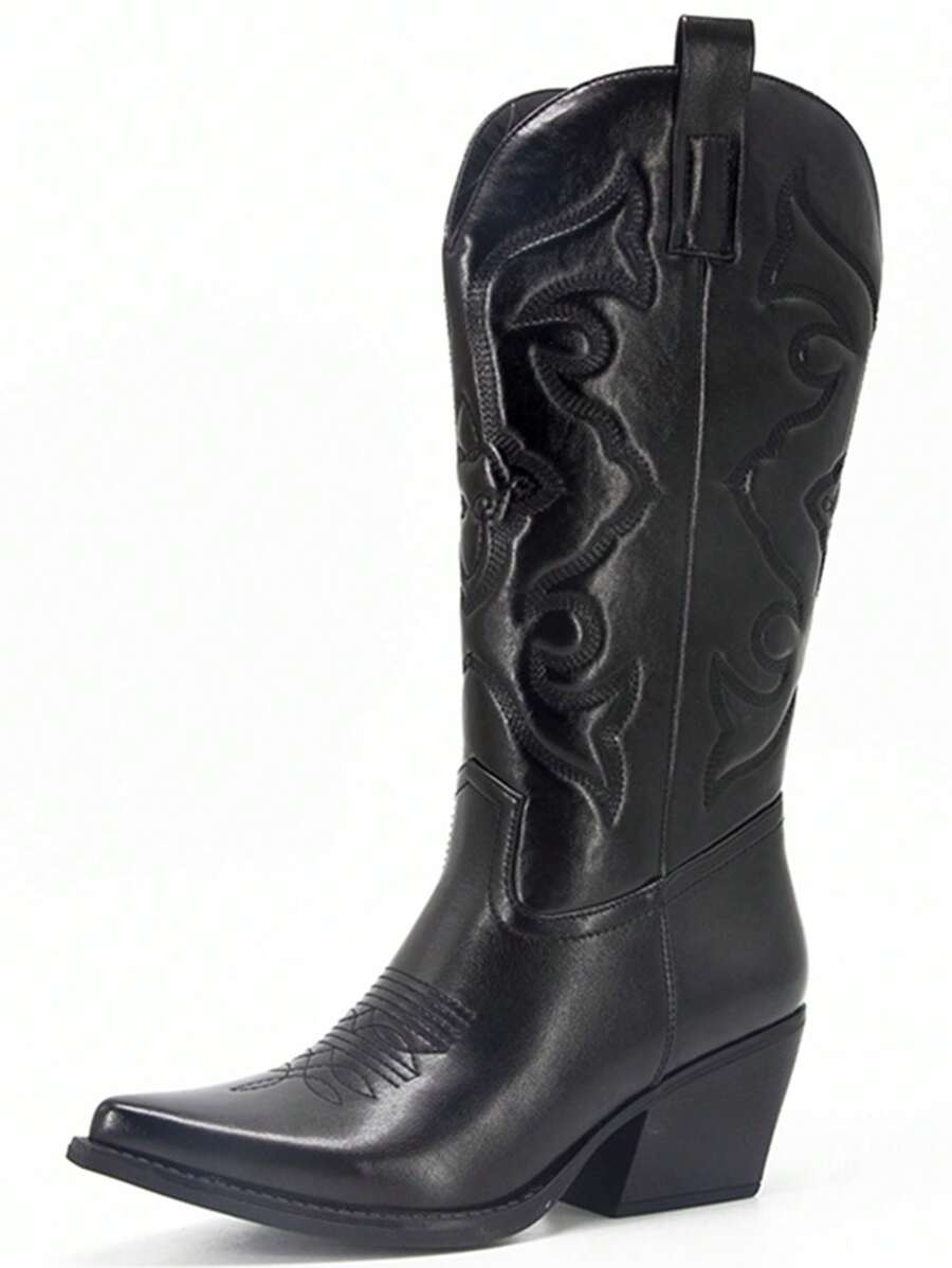 2024 Fashion Metallic Silver Cowgirl Mid Calf Boots For Women Chunky