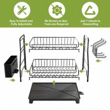 2 Tier Dish Drying Rack, Stainless Steel Dish Drainer With Drip Tray, Sink Drainer Rack With Swivel Spout, Utensil Holder, Automatic Drain Draining Board For Kitchen Sink - Black - View 5