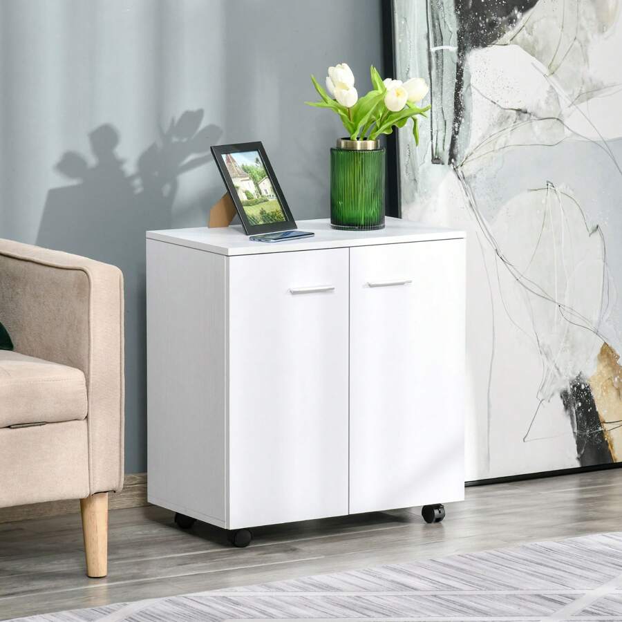 HOMCOM Commode armoire de rangement de bureau meuble de rangement sur roulettes avec 2 portes étagère interne 60 x 35 x 65 cm blanc - Blanc - Voir 1