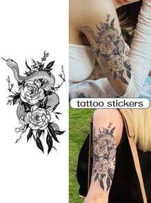 1pc Flower Snake Temporary Tattoo Sexy Waterproof Sweatproof Last For 1-2 Weeks Realistic Herbal Juice Non-Reflective Geometric Faux Black Fake Tattoos For Woman Tattoo Stickers ForBack,Leg,Arm,Chest,Belly, Waist Modernist Body Art