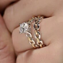 2入組流行的雙色合金與鋯石鑲嵌裝飾堆疊戒指,適合女性日常佩戴,可作為訂婚戒指 - 銀色 - 查看 2