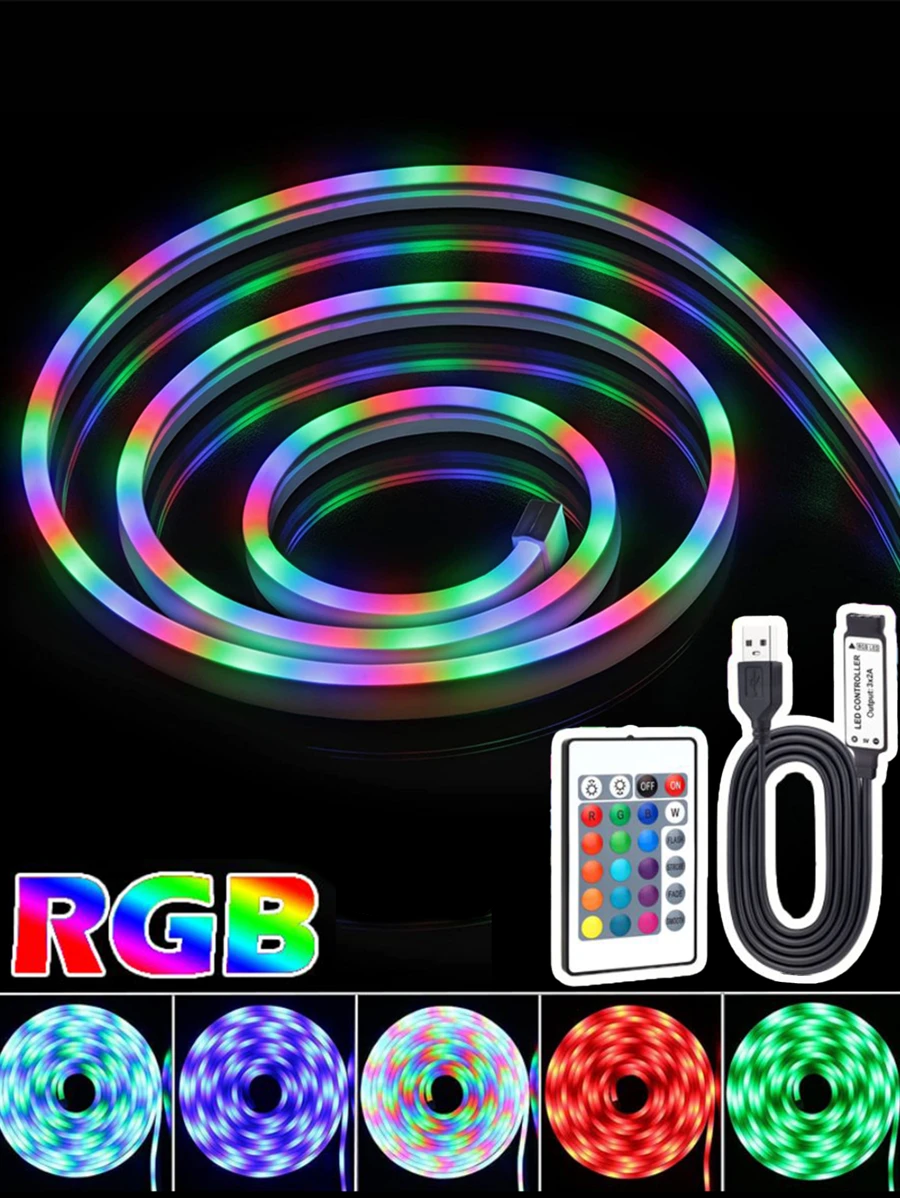Acosh Neon 1m/2m/3m RGB Neon Rope Lights LED Flexible Light Strip Waterproof Silicone Bendable To Custom Shape, With 24-Key Remote Control For Remote Control Of Color Change, Suitable For Bedroom, Living Room, Outdoor Party Decoration. - RGB - View 1