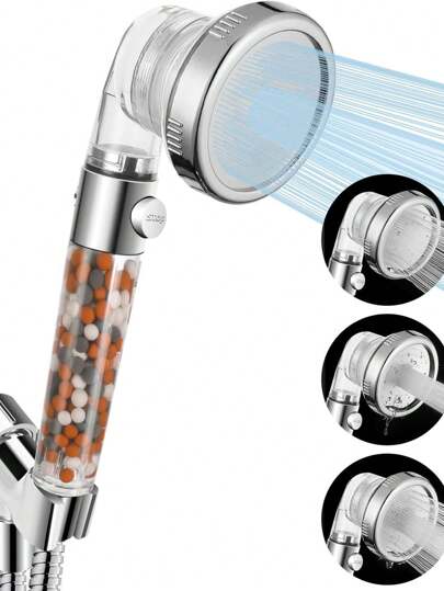 硬水专用过滤淋浴喷头，带止水功能，高压四模式淋浴喷头，内置强力喷淋功能，可清洁角落、浴缸和宠物周围区域，软水手持花洒可去除氯和氟化物。浴室配件，浴室工具