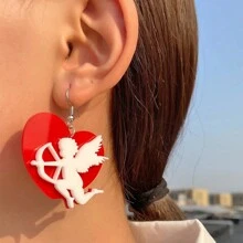 1 对丘比特红心亚克力吊坠耳环，配不锈钢挂钩，情人节、周年纪念礼物