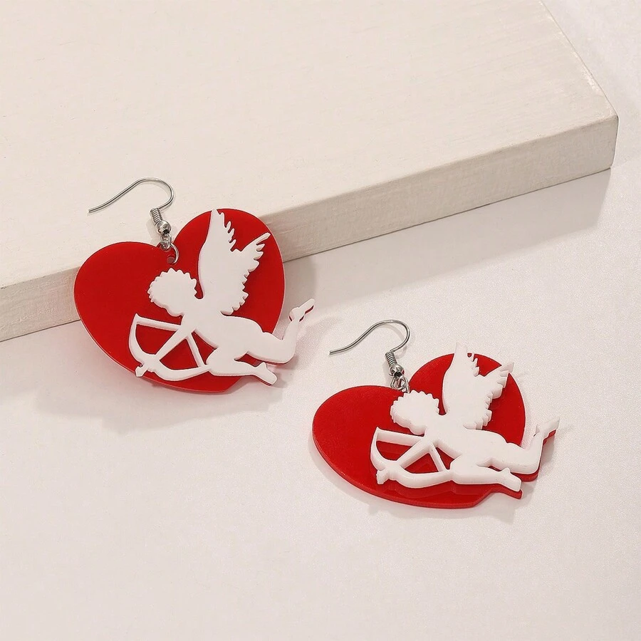 1 对丘比特红心亚克力吊坠耳环，配不锈钢挂钩，情人节、周年纪念礼物