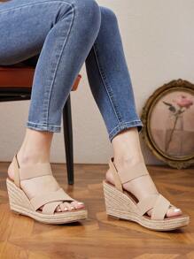 Womens Open Toe Espadrilles Dressy Platform Sandals  Wedding Sandals Ankle Strap Stylish Wedges Sandals - Màu be - Xem 1