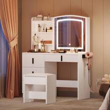 Vanity Table Set Makeup Dressing Desk W/ Stool Lighted Sliding Mirror 4 Drawers 3 Lighting Modes Comfortable Chairs - 白色 - 查看 1