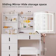 Vanity Table Set Makeup Dressing Desk W/ Stool Lighted Sliding Mirror 4 Drawers 3 Lighting Modes Comfortable Chairs - 白色 - 查看 3