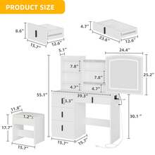 Vanity Table Set Makeup Dressing Desk W/ Stool Lighted Sliding Mirror 4 Drawers 3 Lighting Modes Comfortable Chairs - 白色 - 查看 2