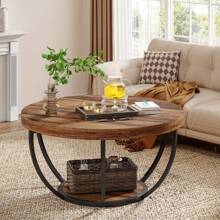 Tribesigns Round Living Room Center Table, Industrial 2-Tier Round Coffee Table With Open Storage Shelves, Wooden Accent Center Table Sofa Side Table For Living Room, Home Office, Rustic Brown - Rustic Brown - View 6