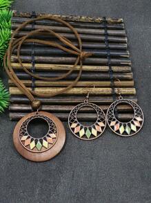 TopHanqi 3pcs Bohemian Style Antique Copper Tone Round Hollow Out Alloy Multicolored Rhombus Shaped Dripping Oil Pattern Layered Pendant Necklace & Earrings Set, Perfect For Ladies' Daily Life, Work, Travel, Street Snap, Theme Dress Up, Performance, Party All Seasons Wear, Fashionable Minimalist Design Exuding Personal Charm & Elegance - Multicolor - View 6