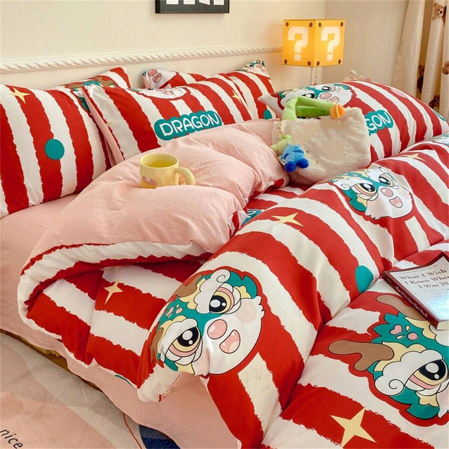 Bộ chăn ga gối họa tiết hoa hoạt hình dễ thương 4 món (1 chăn, 1 ga trải giường phẳng và 2 vỏ gối, không có ruột), Bộ đồ giường mới, Phù hợp cho mọi mùa - Nhiều màu - Xem 1