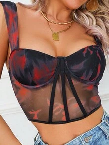 1件網眼花卉印花鋼骨魚骨短款背心,寬帶背心 - 黑色 - 查看 3