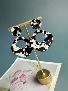 1對波西米亞風格歐洲法式中空牛角形/菱形/圓形獨特耳環 - 黑與白 - 查看 3