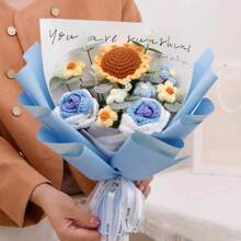 1 buchet de fire de floarea soarelui lucrat manual, buchet de flori tricotate cadou pentru prieteni, ziua de nastere, fete