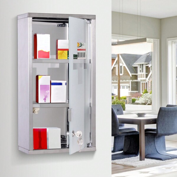 HOMCOM Armadietto Porta Medicinali, Pronto Soccorso Cassetta Medicine in Acciaio Porta in Vetro e 2 Chiavi 48x25cm