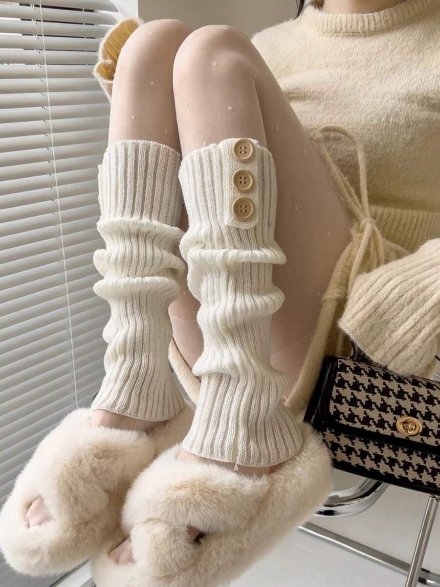 女士暖腿套、針織羊毛靴套 - 白色 - 查看 1
