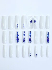 Lập tức Nâng cấp Của bạn Với 24 Dài Hình vuông Nhấn Móng tay Mùa Thu /đông Mới Bó hoa Trân châu Trắng Móng tay Mặt Trắng Năm cánh Hoa Xanh Sâu Biển Tim Xanh Hình dạng Kim cương Đồ trang trí Tiệc trà Cần thiết Móng tay giả Với Thạch Keo dính 1 cái Và Tài liệu Dải 1 cái - Nhiều màu - Xem 2