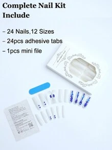 Lập tức Nâng cấp Của bạn Với 24 Dài Hình vuông Nhấn Móng tay Mùa Thu /đông Mới Bó hoa Trân châu Trắng Móng tay Mặt Trắng Năm cánh Hoa Xanh Sâu Biển Tim Xanh Hình dạng Kim cương Đồ trang trí Tiệc trà Cần thiết Móng tay giả Với Thạch Keo dính 1 cái Và Tài liệu Dải 1 cái - Nhiều màu - Xem 3