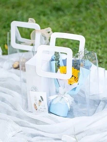 6pcs Classic Clear Square & Round Handle Pvc Candy Snack Gift Packaging Bags, Suitable For Home, Party, Wedding & Gift Giving - Transparent Square - View 2