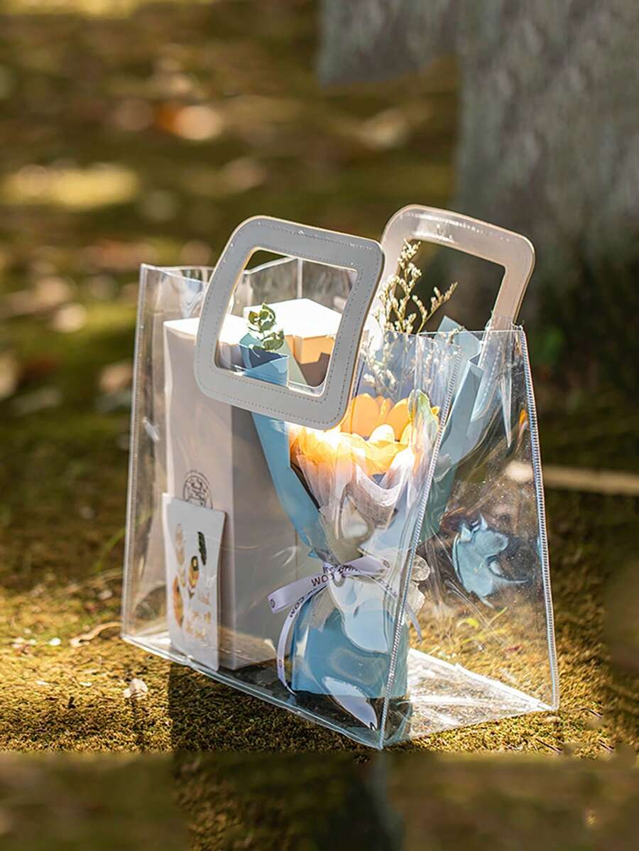 6pcs Classic Clear Square & Round Handle Pvc Candy Snack Gift Packaging Bags, Suitable For Home, Party, Wedding & Gift Giving - Transparent Square - View 1