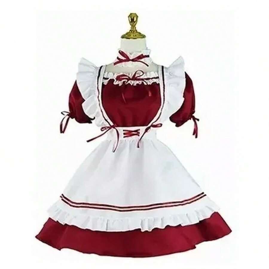 Conjunto de Traje de Sirvienta Francesa, Anime Maid Cosplay Accesorios de Disfraz con Vestido Sirvienta Delantal Diadema Lindo Sexy Lolita Vestido Calcetines para Fiesta Halloween Baile - Burdeos - Ver 1