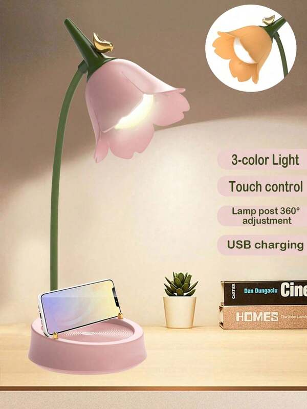 Pink Cute Lamp LED Desk Lamp Cordless Table Light Adjustable Gooseneck Dimmable Touch Rechargeable Battery Eye-Caring Night Light For College Dorm Bedroom Reading Christmas Gifts