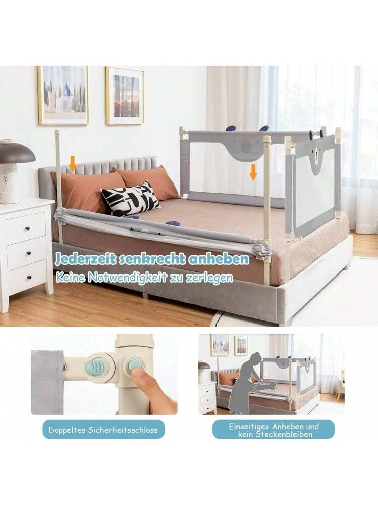 Sponda Per Letto VA-Cerulean Regolabile In Altezza – 150 Cm, Griglia Di Protezione Per Bambini, Con Taschina, Grigio, Per Letti Fino A 30 Cm Di Materasso