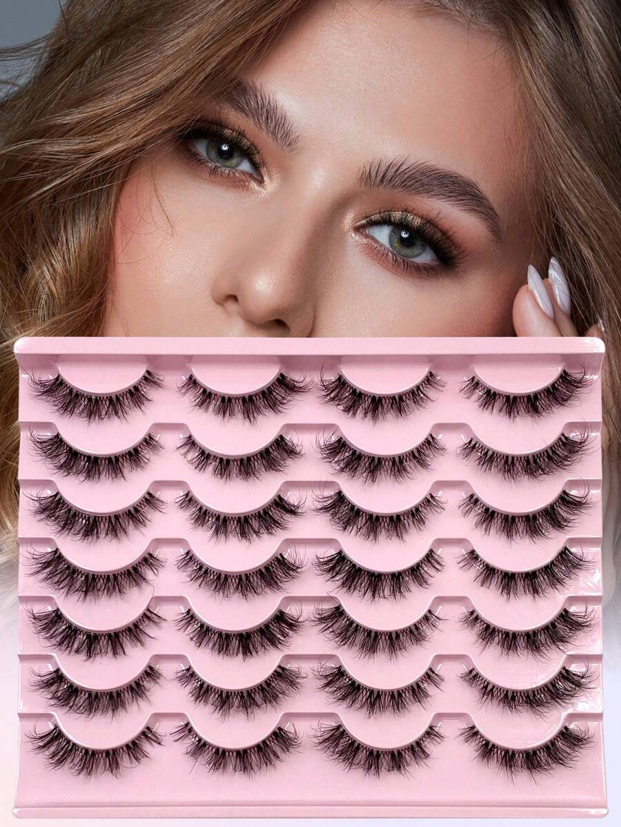 14对3D透明假睫毛，自然纤细仿貂毛假睫毛，蓬松卷翘猫眼假睫毛，条状假睫毛 - 黑色 - 查看 1