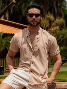 Men's Shirt Priest Collar Short Sleeve Comfortable Light Soft Cool Easy To Iron - Màu be - Xem 4