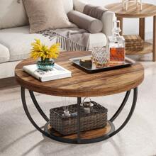 Tribesigns Round Living Room Center Table, Industrial 2-Tier Round Coffee Table With Open Storage Shelves, Wooden Accent Center Table Sofa Side Table For Living Room, Home Office, Rustic Brown - Rustic Brown - View 2