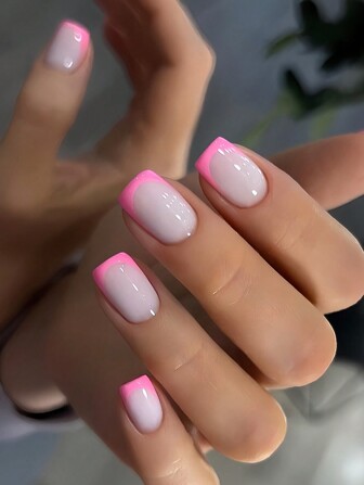 24pcs Short Minimalist Pink French Square Nail Tips + 1pc Jelly Gel + 1pc Nail File Press On Nails Nail Supplies