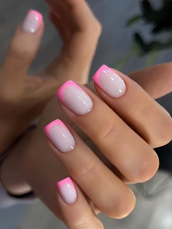 24pcs Short Minimalist Pink French Square Nail Tips + 1pc Jelly Gel + 1pc Nail File Press On Nails Nail Supplies