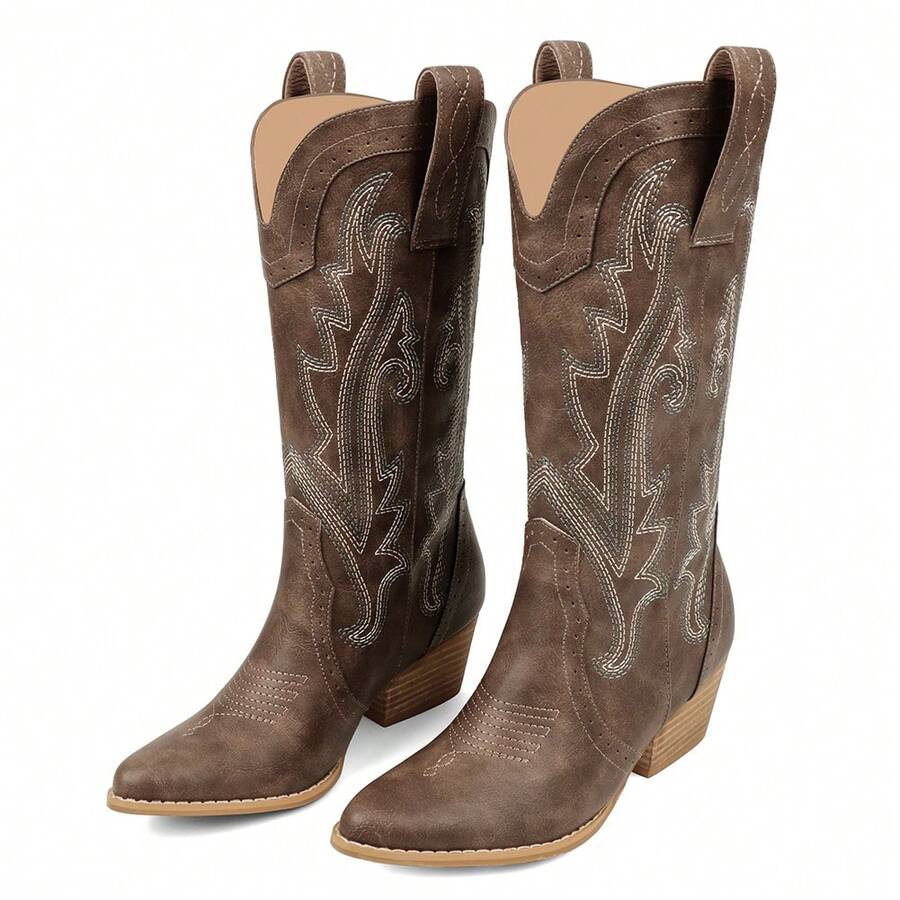 Zzheels Women Mid-Calf Cowboy Boots Pointy Toe Boots Embroidered Western Cowgirl Boots Chunky Heels - 棕色 - 查看 1