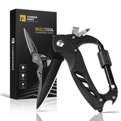 FUNBRO Multitool Carabiner With Pocket Knife, Stocking Stuffers Gifts For Men, EDC Carabiners With Folding Knives, Bottle Opener, Window Breaker And Screwdriver, Survival Gear For Camping Hiking