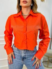 Camisa manga longa com strass na frente strass Pedraria  Estrela com Botão  Boiadeira/ML2526 - Laranja - Visão 3