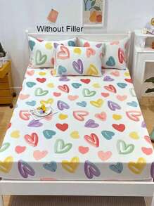 3pcs Heart Print Fitted Sheet Set, 1pc Fitted Sheet And 2pcs Pillowcase, Pillow Insert Not Include, Modern Bedding Set, For Bedroom