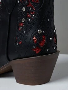 Rhinestone Women's Ankle Cowboy Boots Sparkly Pointed Toe Low Chunky Heel Vintage Short Cowgirl Shoes - 紅色 - 查看 4