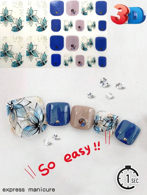 22 piezas de pegatinas de arte de uñas de pies con diseño de cristal 3D de flores y plantas, patrón floral y de plantas