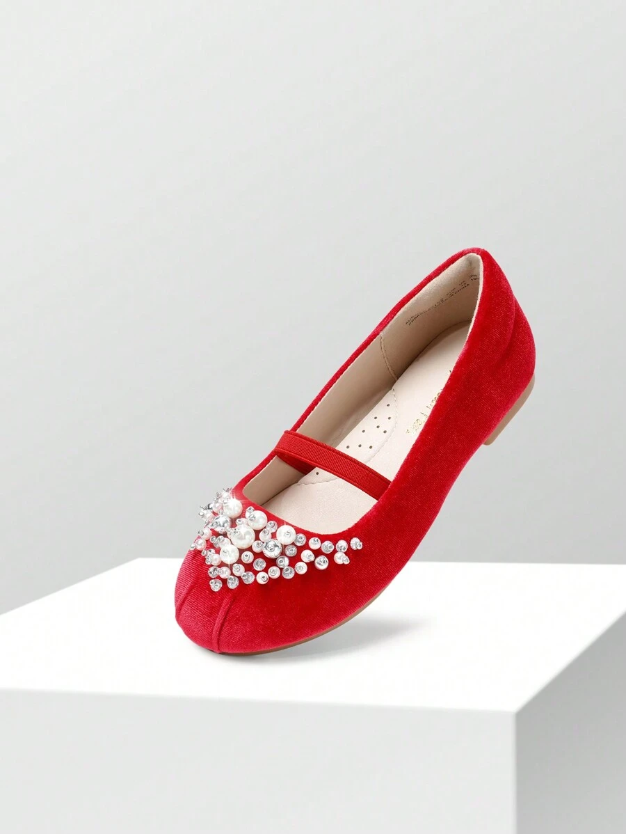Girls Mary Jane Ballerina Flat Dress Shoes Flat Pearl Shoes - Đỏ - Xem 1