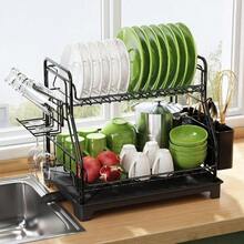 2 Tier Dish Drying Rack, Stainless Steel Dish Drainer With Drip Tray, Sink Drainer Rack With Swivel Spout, Utensil Holder, Automatic Drain Draining Board For Kitchen Sink - Black - View 1