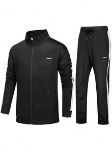 KEFITEVD 男士休閒運動套裝,帶拉鍊夾克和長褲,健身運動服裝,運動棉服,跟踪衣 - 黑與白 - 查看 1