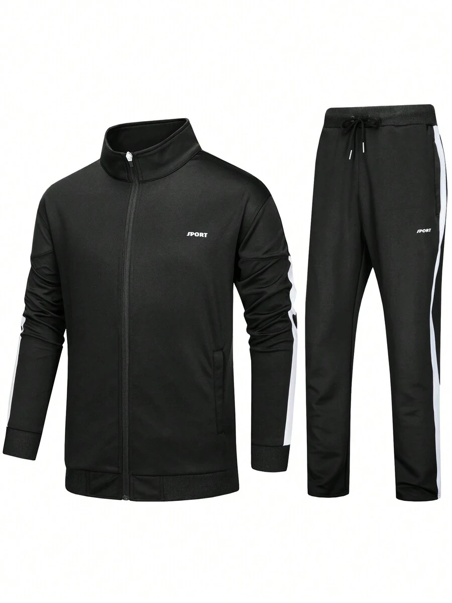 KEFITEVD 男士休閒運動套裝,帶拉鍊夾克和長褲,健身運動服裝,運動棉服,跟踪衣 - 黑與白 - 查看 1