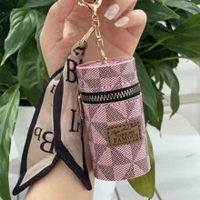 (Random Fabric Cutting) 1pc Cosmetic Lipstick Case Keychain Mini Round Cylinder Coin Purse Storage Pouch For Lip Balm Women's Hot Pink Purse Keychain Wallet Wallet Keychain Key Holder Key Case School Supplies Teacher Gifts Back To School - Watermelon Pink - View 1