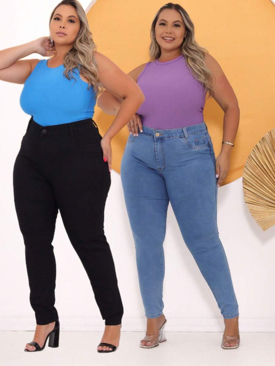 Plus Size Jeans - 中等水洗藍 - 查看 1