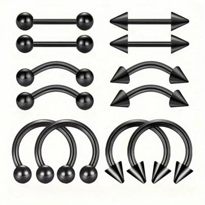 12入組簡約不鏽鋼穿刺飾品,包括眉環、鼻環、耳環和馬蹄鐲,y2k風格