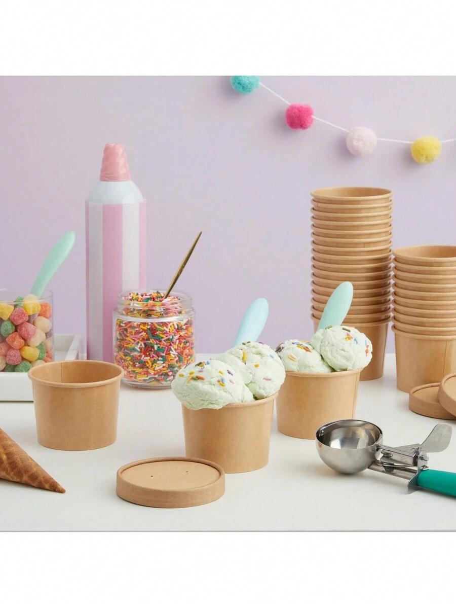 JUVALE 8盎司帶蓋帶走湯裝容器，一次性紙碗（50片裝）婚禮派對禮物袋 - 棕色 - 查看 1