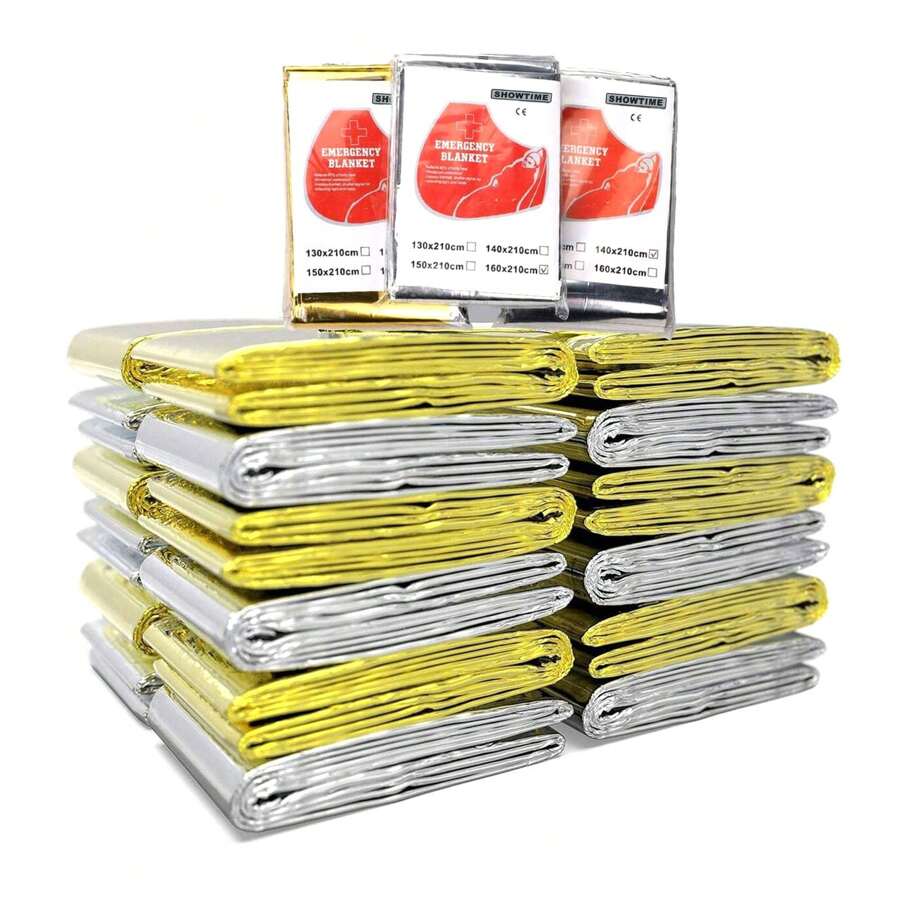 紧急聚酯薄膜保温毯 + 金箔太空毯。专为户外、生存、急救、金色、银色 1 包设计