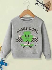 Young Boy Casual Streetwear Lucky Clover Letter Printed Crewneck Sweatshirt, Autumn/Winter